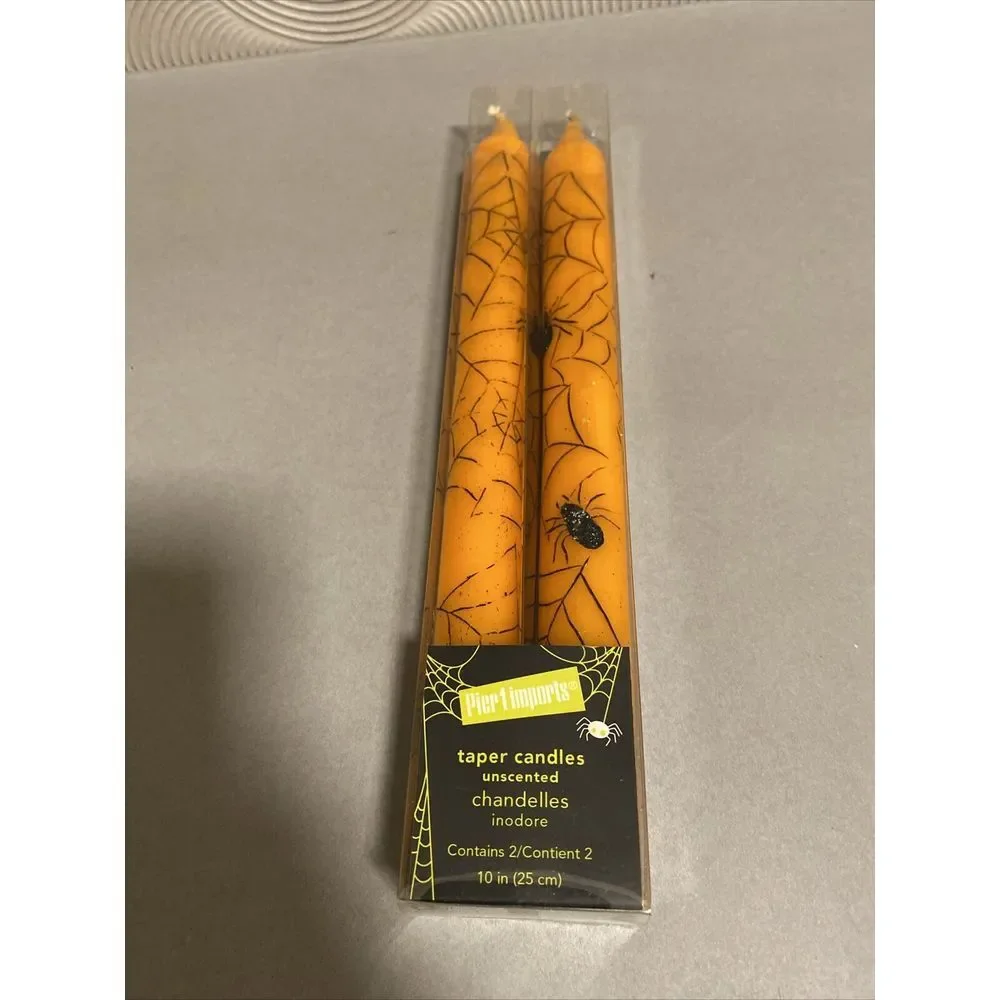 Pier 1 Halloween Spider Web Taper Candles Orange‎ And Black 10 In.